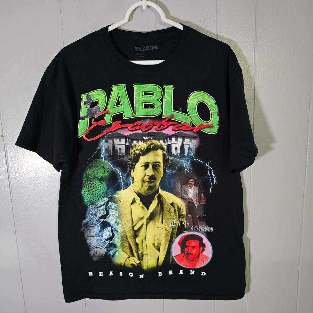 Reason Brand Pablo Escobar El Patron Graphic T-Shirt Mens Large‎ Black Rap Tee